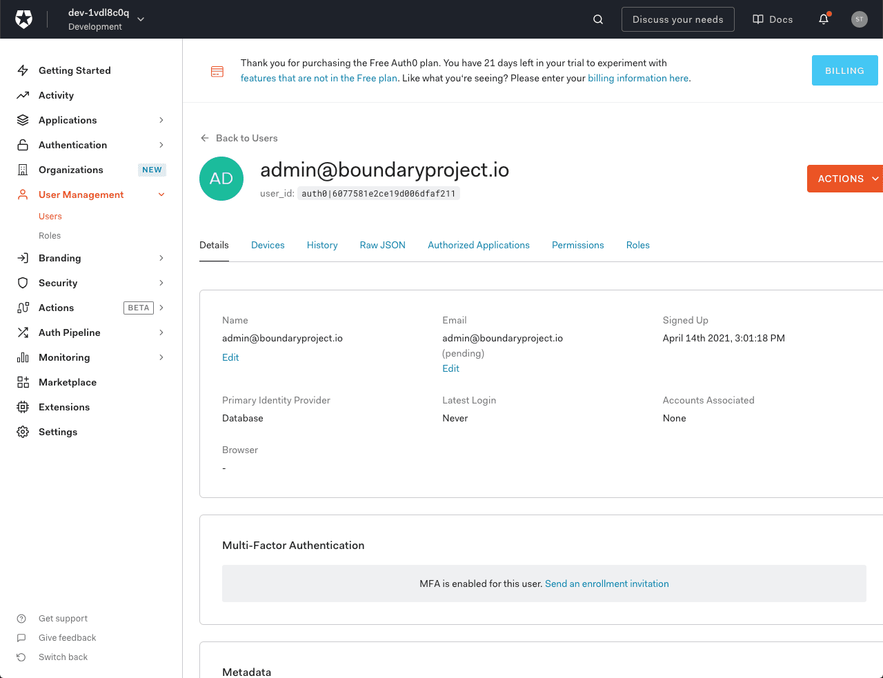 Auth0 Dashboard