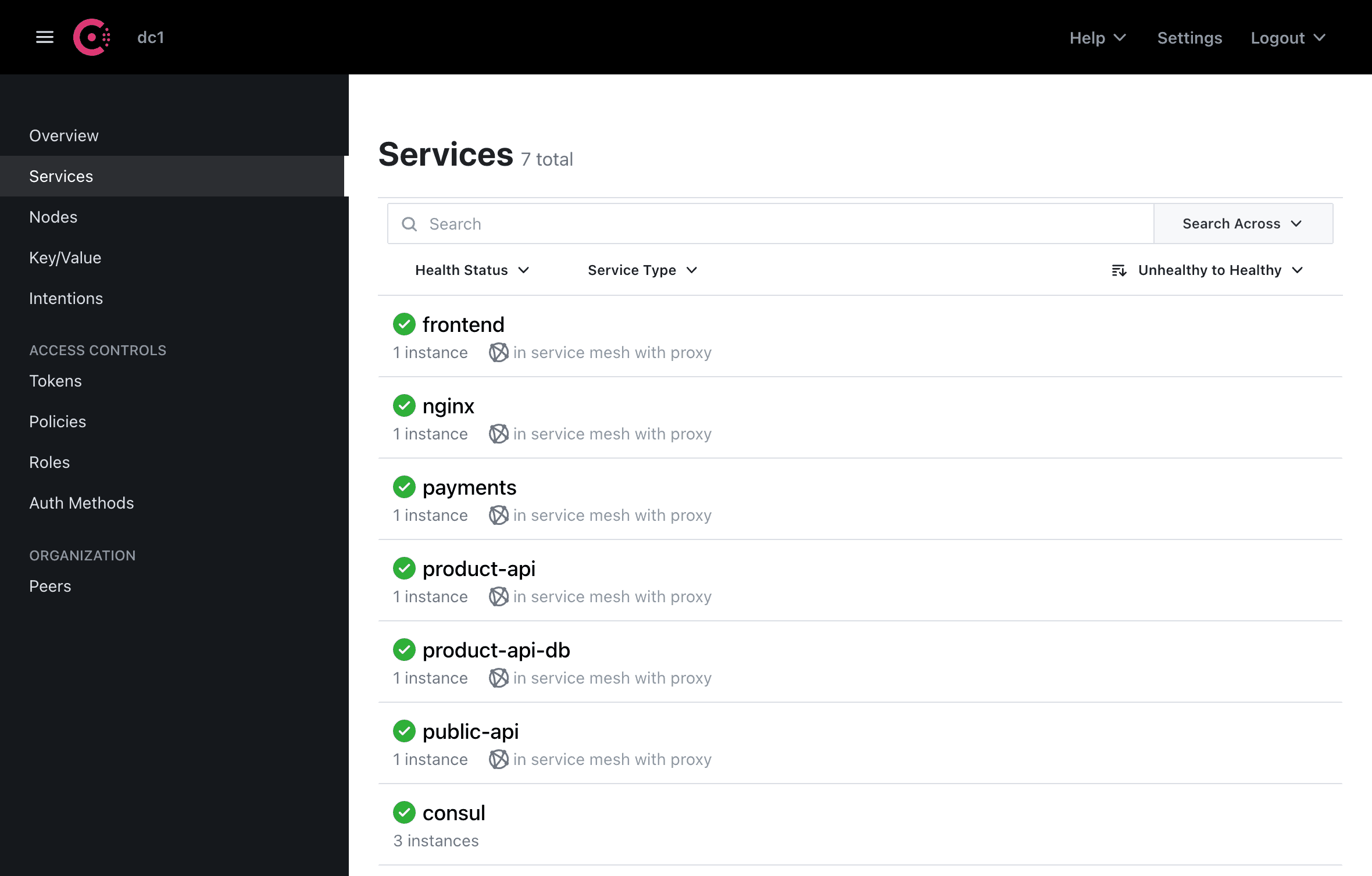 Consul UI Services Page