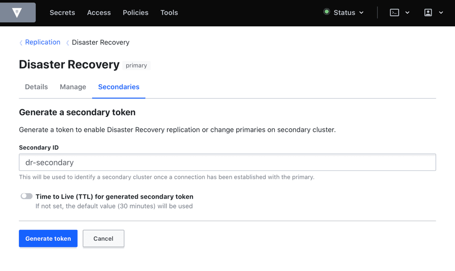 Generating a secondary token